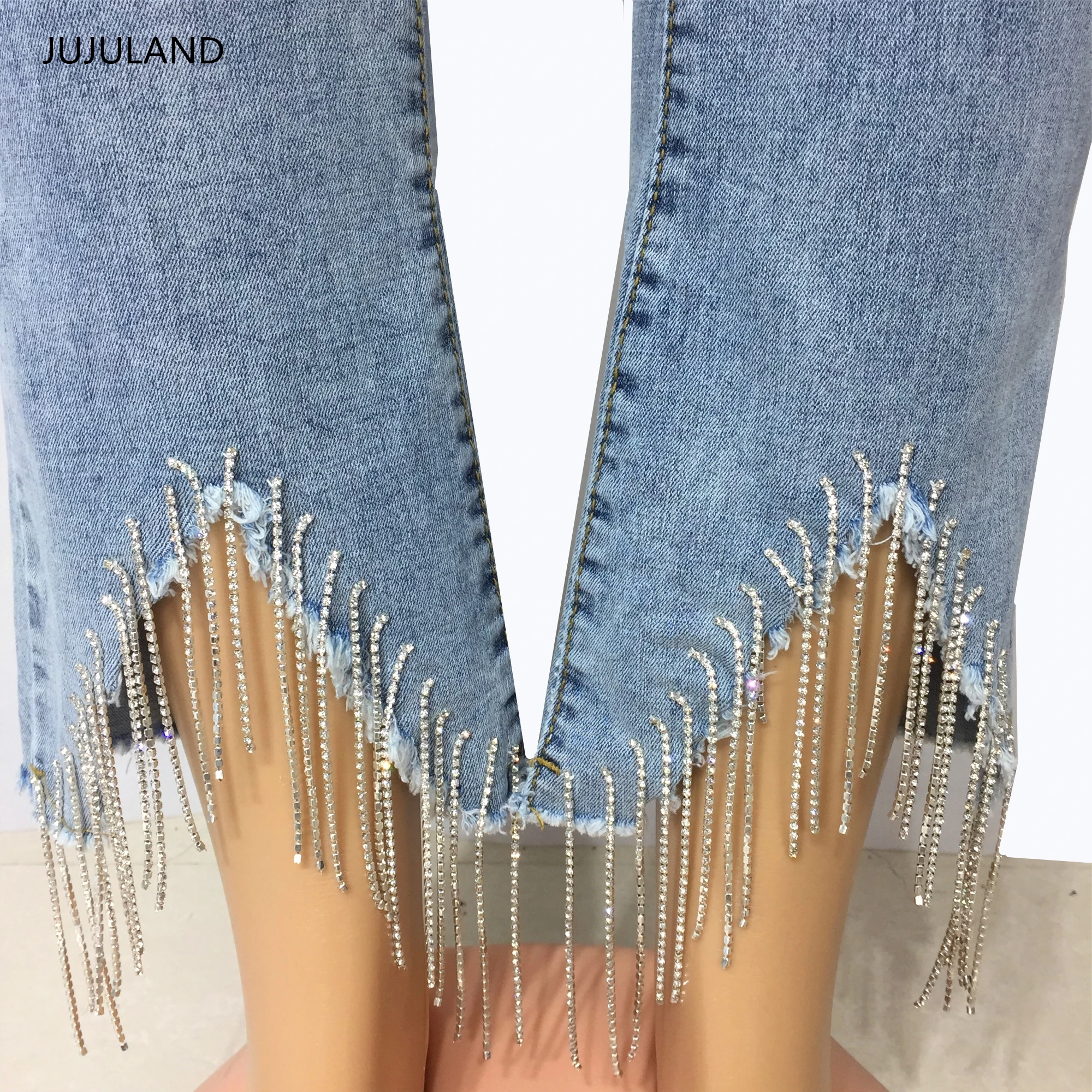 

JUJULAND woman flare jeans blue Handmade diamond tassel high quality skinny four button jeans 6621