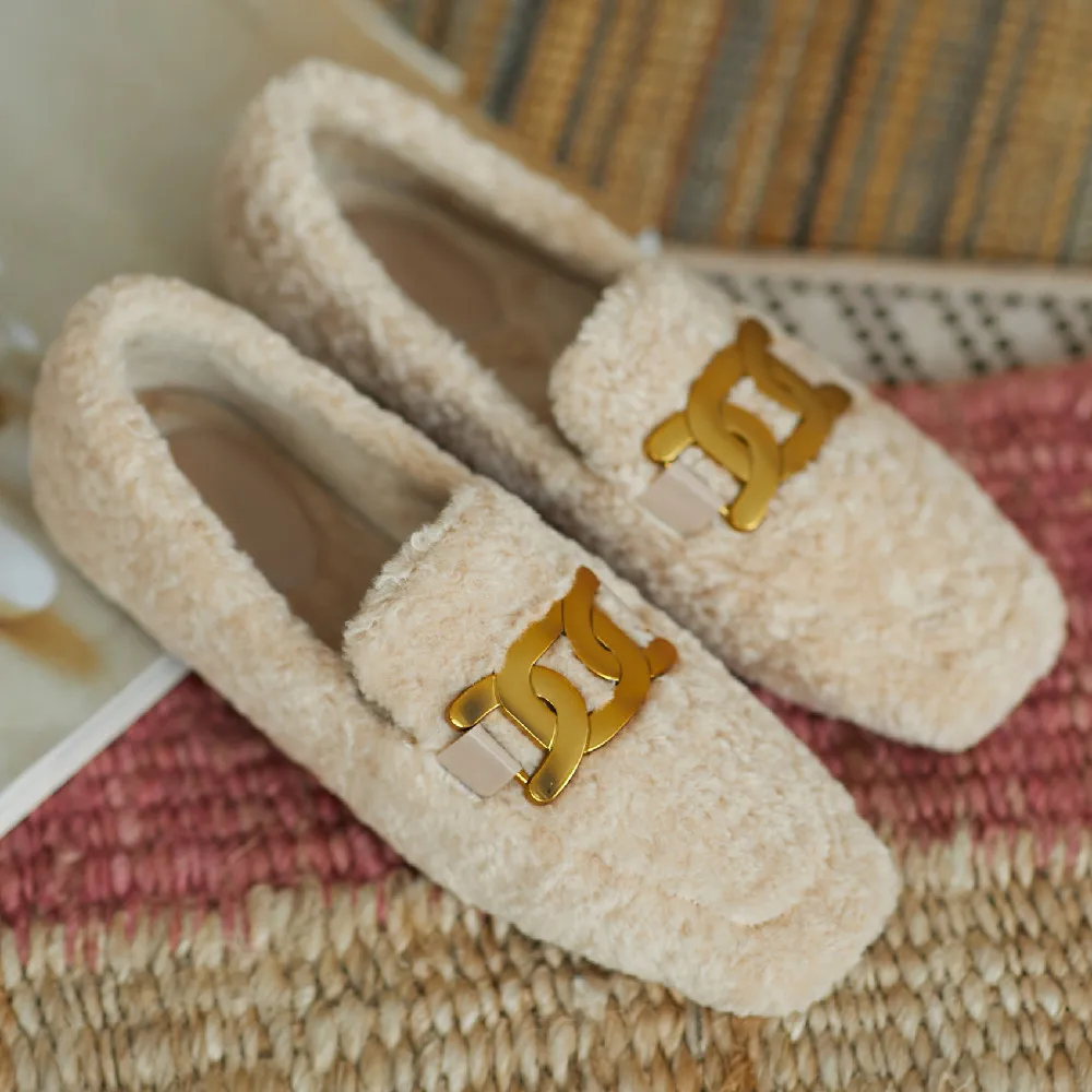 

Women's wool square toe slip-on flats loafers winter warm plush cold weather moccasins big chain decoration casual daily shoes