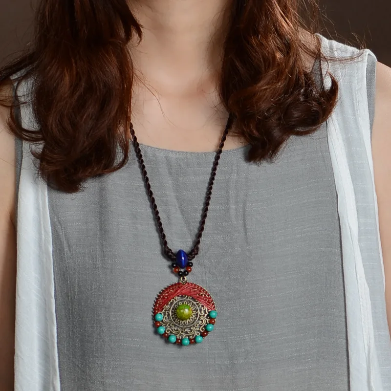 Винтажное ожерелье ручной работы богемное колье с плетением из камня и керамики