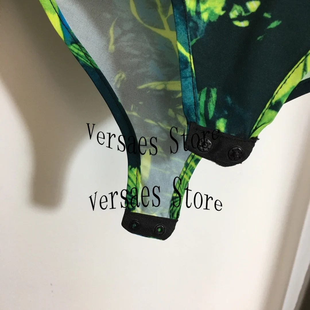 

2021 luxury design jungle leaves fashion women's long sleeve top sexy pleated V-neck one-piece shirt versatile temperament shirt