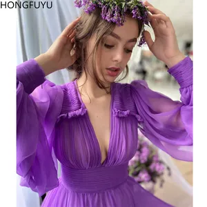 HONGFUYU пикантные вечерние платья с глубоким V-образным вырезом 2022 A-силуэт шифоновое с длинными рукавами фиолетовое официальное платье вечернее платье