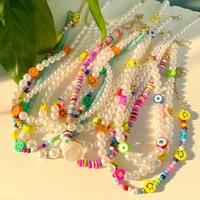 boho evil eye smile pearl beaded necklace for women imitation pearl christmas gift y2k happy face choker collar party jewelry