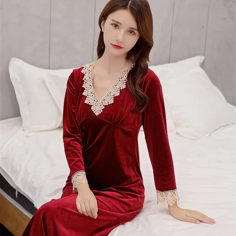 Exquisite V-neck Lace Women Winter Nightgown Nightwear Velvet Keep Warm Sleepwear Nightdress Comfortable Casual Soft Homewear | Женская