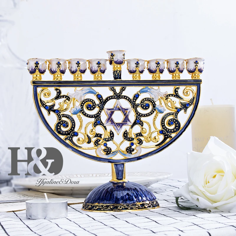 Цветочный эмалированный подсвечник H & D ручной росписи hanukka Menorah 9 ветвей
