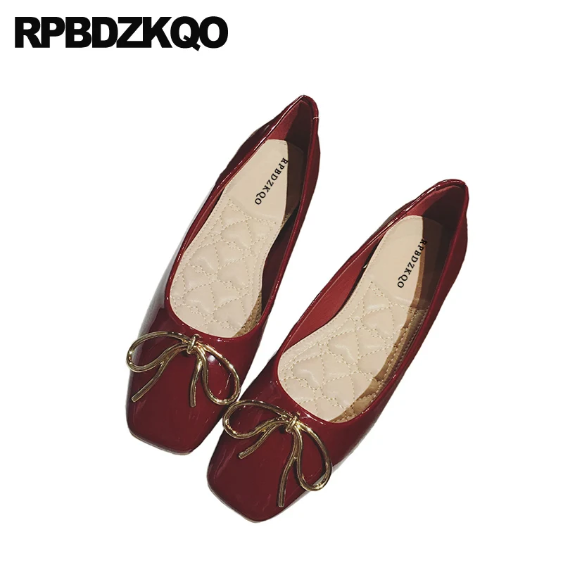 

2021 Chinese Patent Leather Square Toe Red Wine Slip On Ladies Black Fashion Shallow Bow Blue Women Designer Shoes China Flats