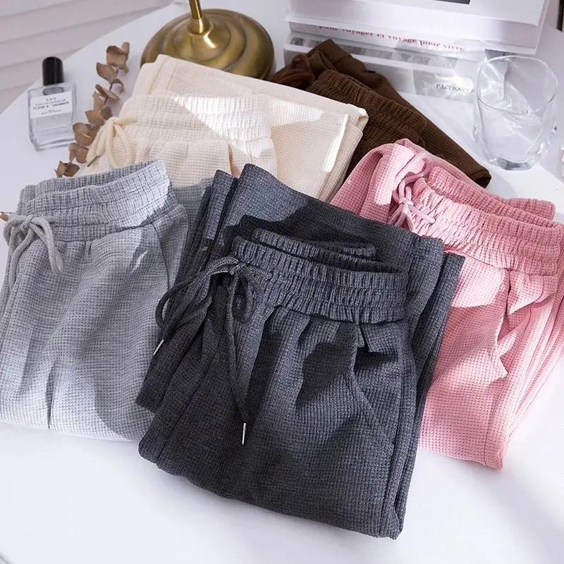 

2021 Spring Autumn Women Vintage Lace Up Pants Lady Slim High Waist Wide Leg Trouser Female Casual Solid Cotton Sweatpants T269