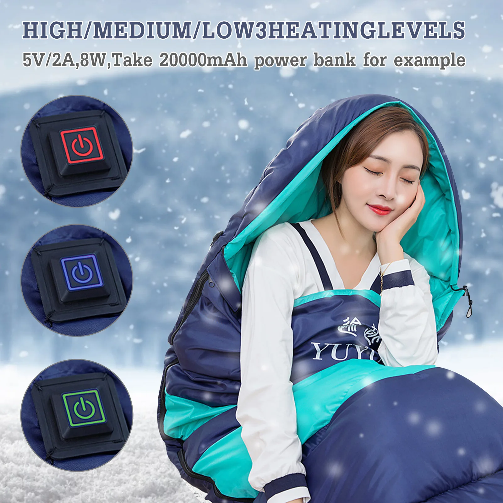 

5V 2A 2000mh Power Camping Sleeping Bag Lightweight 4 Season Warm & Cold Envelope Backpacking Sleeping Bag for Outdoor Trave