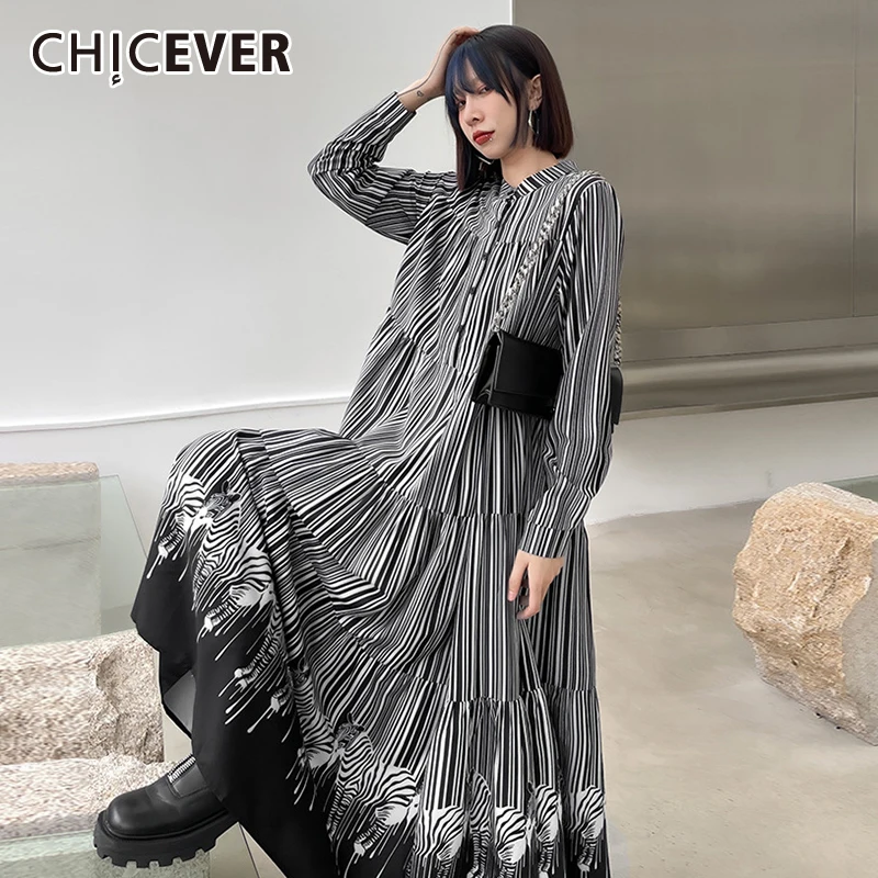

Женское платье в полоску CHICEVER, свободное платье до щиколотки с воротником-стойкой и длинным рукавом, осенняя одежда, новинка