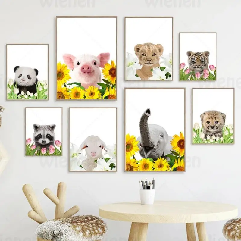 

Animals Nordic Poster And Print Lion Giraffe Elephant Tulip Lily Sunflower Wall Art Canvas Painting Wall Picture Kids Room Decor