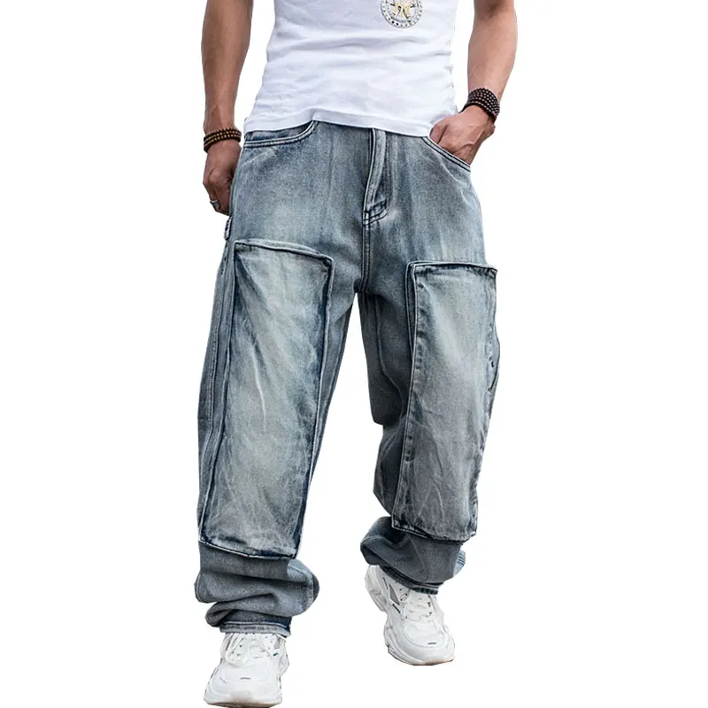 

Новинка 2021, стильные Брендовые прямые джинсовые брюки-карго, байкерские мужские Мешковатые Свободные синие джинсы с боковыми карманами, дж...