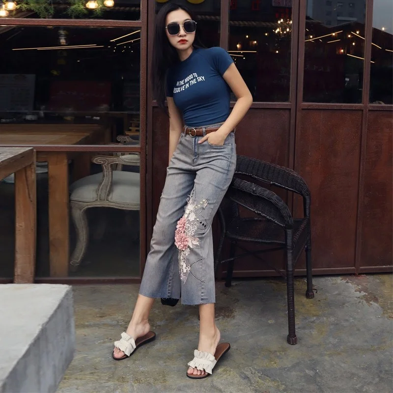 Summer Womens New Thin Vintage Ripped Appliques Loose Straight Jeans High Waist Ankle Length Fashion Casual Denim Wide Leg Pants