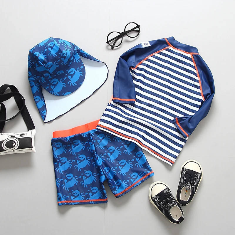 UPF50+ Children's Swimming Suit for Boys Crab Print Three Pieces Swimsuit Boy Long Sleeve Rash Guards Toddler Kids Bathing Suits | Спорт и