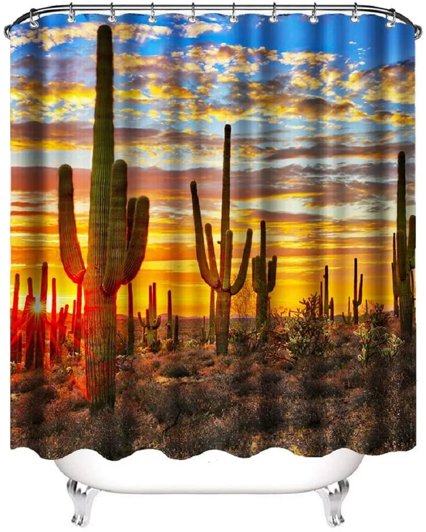 

Cactus Fabric Shower Curtains Western Landscape Sunset Desert Cactus Waterproof Bathroom Decor Sets with Hooks 72 W 72 L Inches