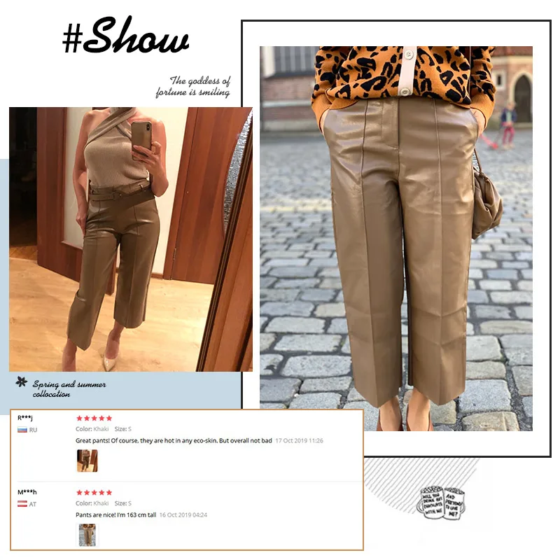 Autumn Faux PU Leather Pants Women With Belt High Waisted Wide Leg Anke-length Women's Trousers Winter NEW Fashion Clothes