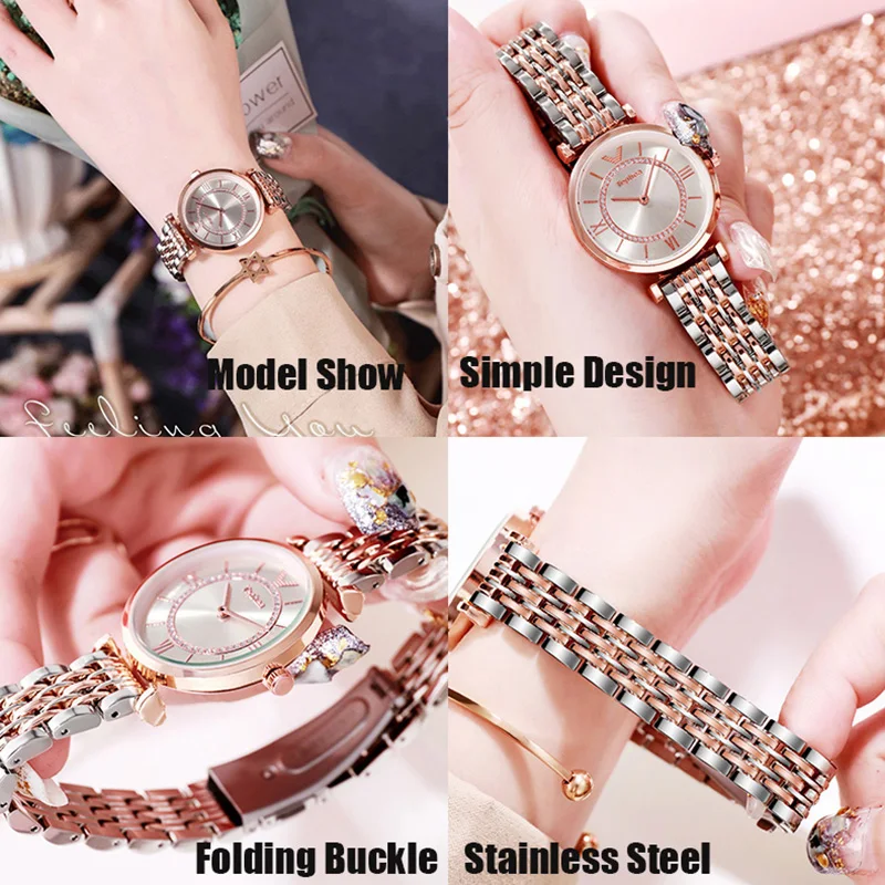 Женские модные черные часы из нержавеющей стали Кварцевые водонепроницаемые