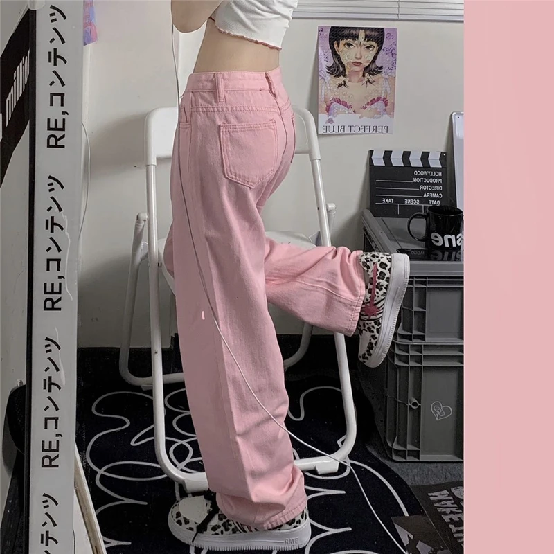 

Korean Summer New Harajuku Style Casual Cargo Pants High Waist Vintage Harem Rompers Loose Student Wide Leg Pants Pink Trousers