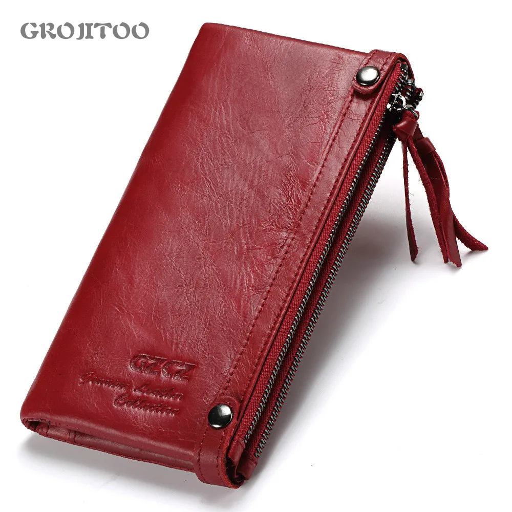 

GROJITOO первый слой натуральная кожа женские кошелек длиный кошелек с двойной молнией; Модные женские ботинки из воловьей мульти-Чехол-портмо...