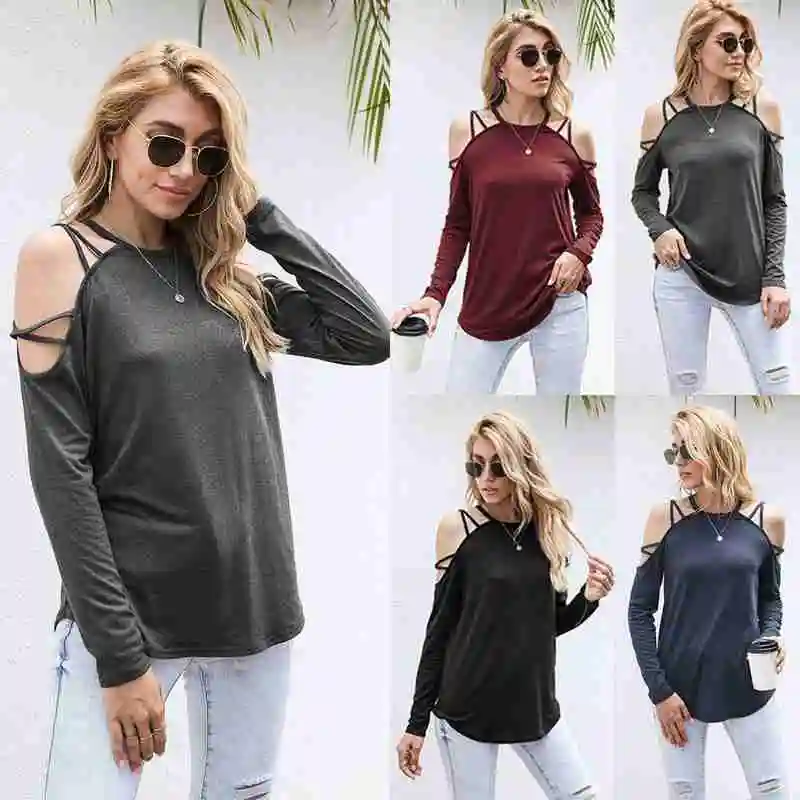 

Long sleeve color cross strapless top T-shirt European and American sexy women's clothing