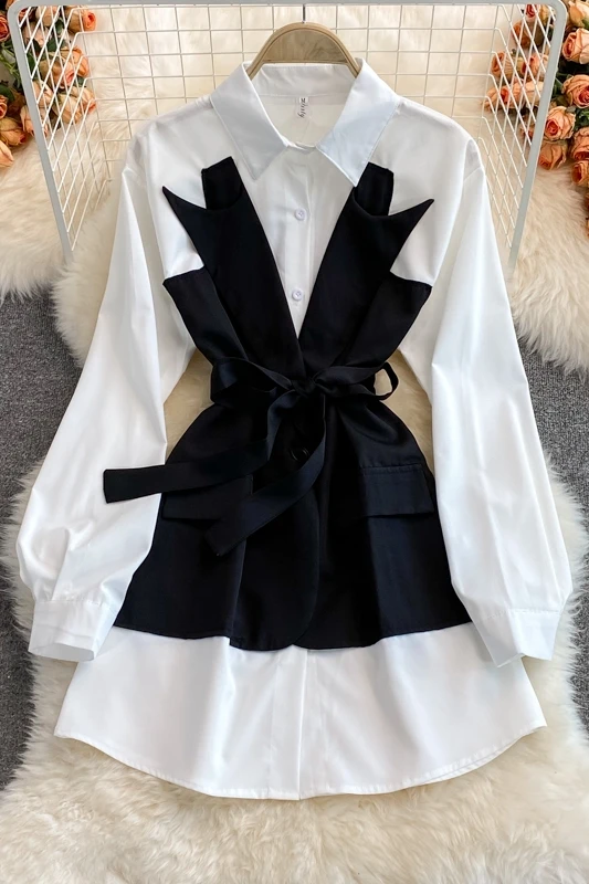 

Fall 2021 new style lapel tie waist waist slimming mid-length skirt Korean version of fake two-piece splicing shirt dress