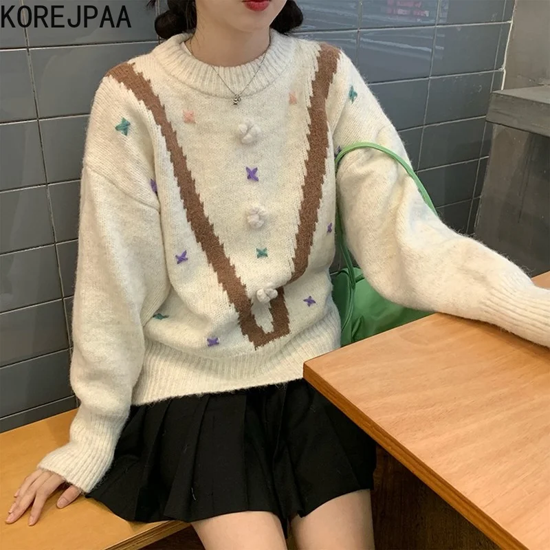 

Korejpaa Chic 3D Floral Sweater Women Autumn Winter O-neck Casual Long Sleeve Pullover Female Korean Style Knitwear 2021 New
