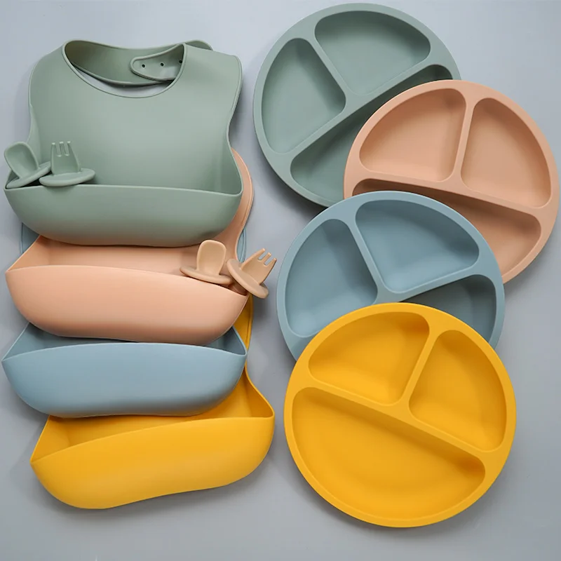 Baby Silicone Tableware Set Infant Solid Color Waterproof Bib Newborn Feeding Burp Cloth Toddler Dinner Plate And Mini Spoon