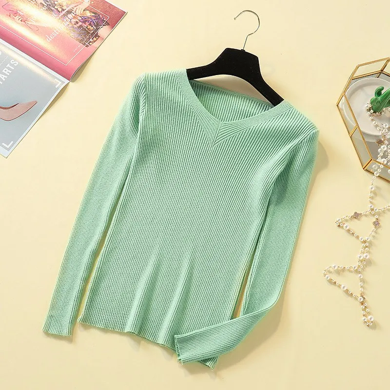 

EFINNY Women V-neck Long-sleeved Sweater Slim Knit Bottoming Shirt Candy Color Female Tops