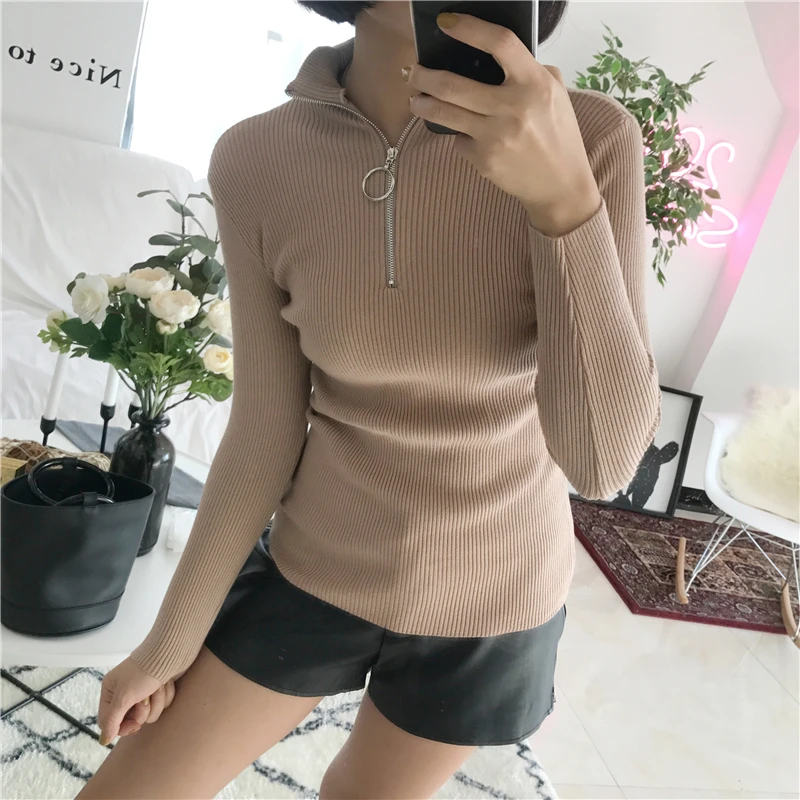 Женский свитер на молнии LUZUZI однотонный облегающий с воротником-хомутом