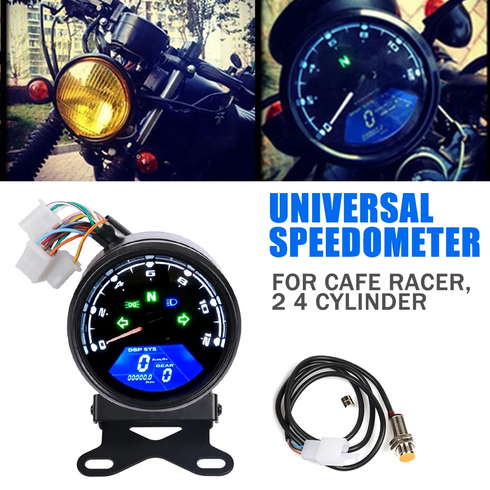 For Cafe Racer Motorcycle Speedometer Instrument Odometer Tachometer Dashboard Oil Gauge LCD Digital Dash Indicator Universal