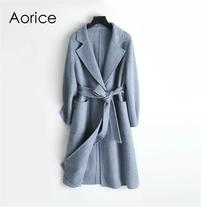 Aorice ZY18558 Женское пальто из натуральной шерсти с узором в елочку из ткани женский кроличий мех подкладка Лисий меховой воротник для отдыха осень/зима шерсть длинная верхняя одежда