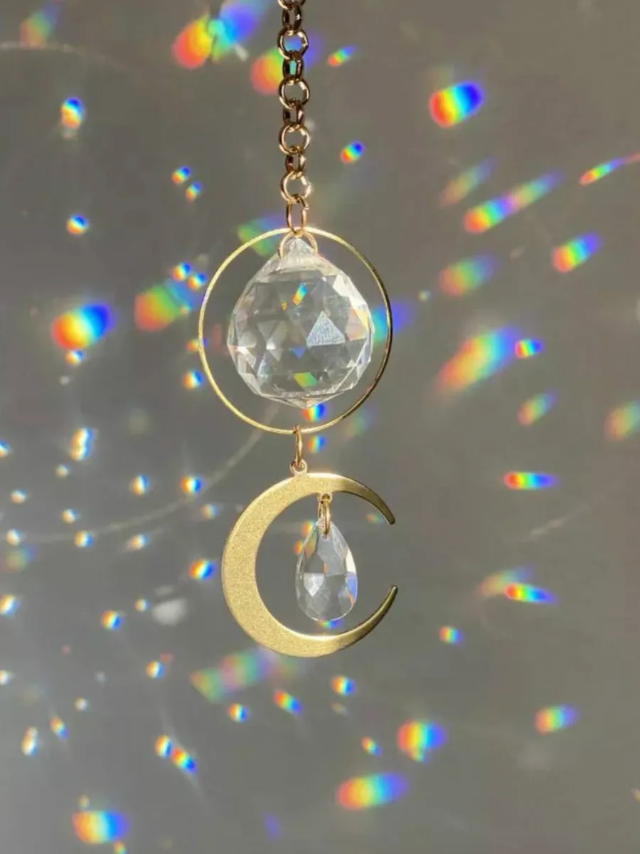 

Crystal Moon Suncatcher in Gold | Window Light Catcher | Aura Crystal Prism Celestial Rainbow maker | Boho Witchy Decoration