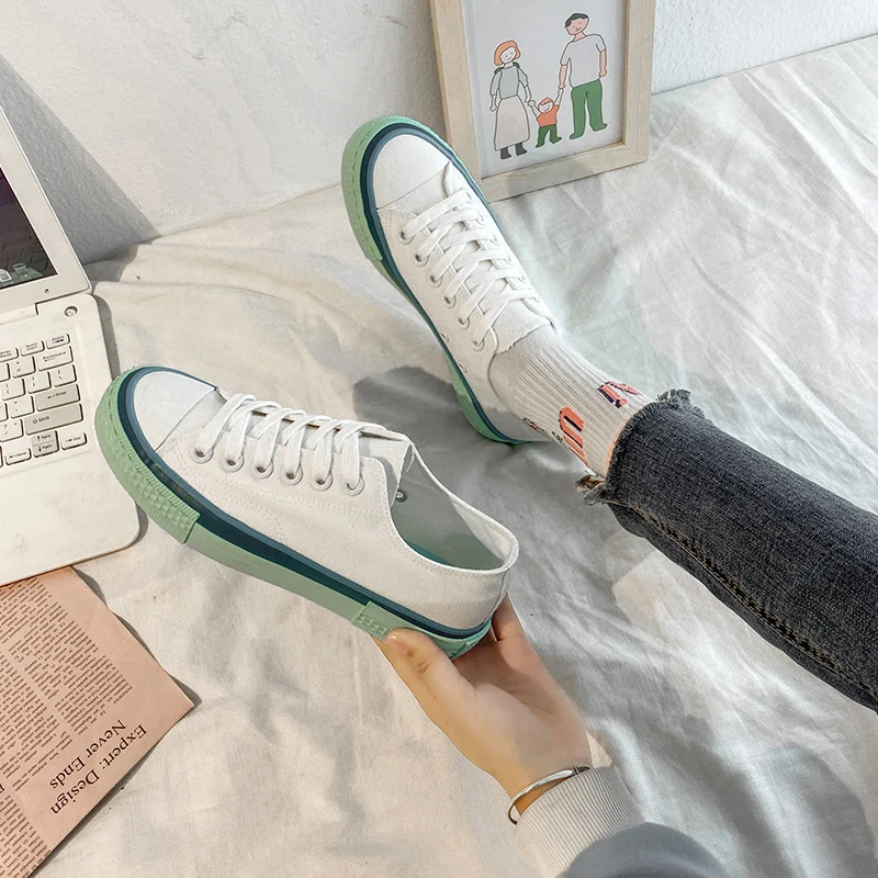 

Women Shoes New Spring Canvas Sneakers Women Solid Color Casual Flats Lace-up Shoes Female Korean Style Women sneakers fashion