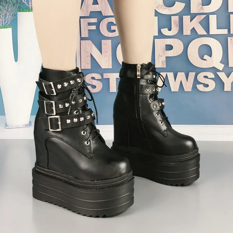 

2021 autumn 14cm slope heel rivet women's bare thick soled waterproof platform muffin shoes super high heels Martin boots