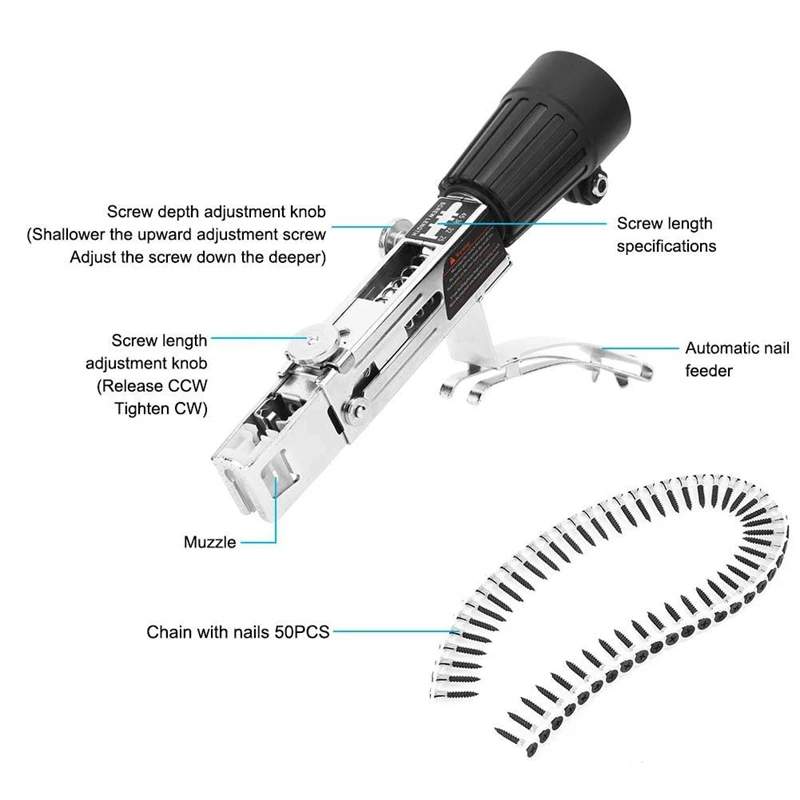 

Automatic Electric Drill Nozzle Adapter Nail Exit Bracket and Chain Nails Kit Household Tools Set Machine Accessories