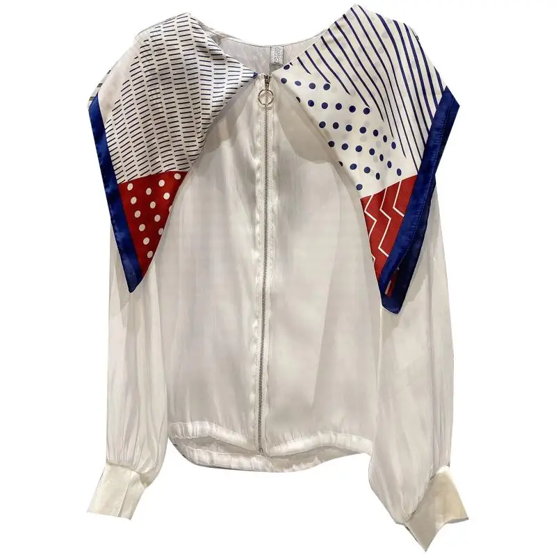 

Silk Scarf Navy Collar Design Zipper Shirts Women 2021 Summer New Sunscreen Jacket Glass Silk Jacket Women