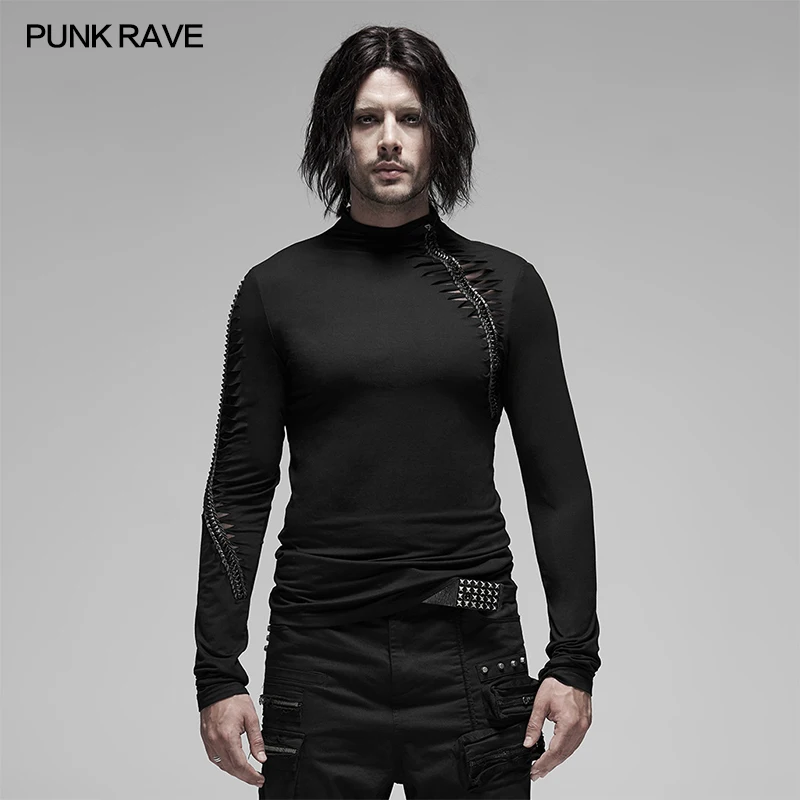 Мужская футболка с длинным рукавом черная облегающая в стиле Харадзюку | одежда