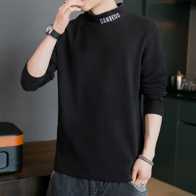 

The new long sleeve T-shirt male half a turtleneck letters embroidery thickening of cultivate one's morality leisure
