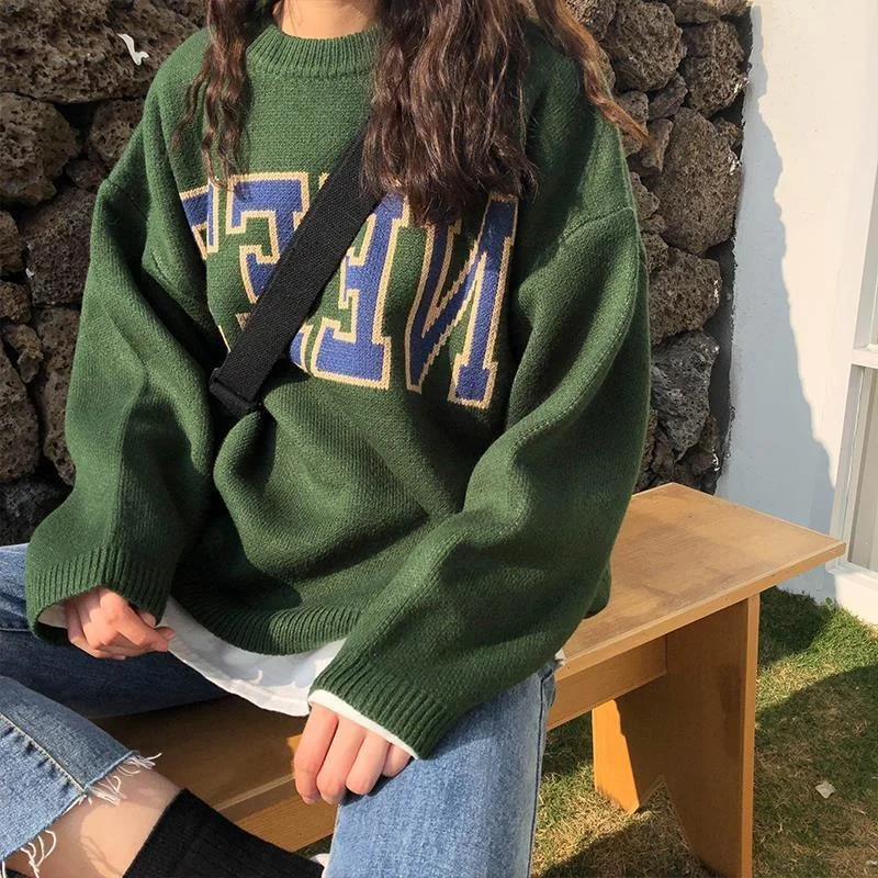 

JCHB корейский Зимний свободный ретро свитер с буквенным принтом красный пуловер свитер модный свитер женская одежда Мужской пуловер оверса...