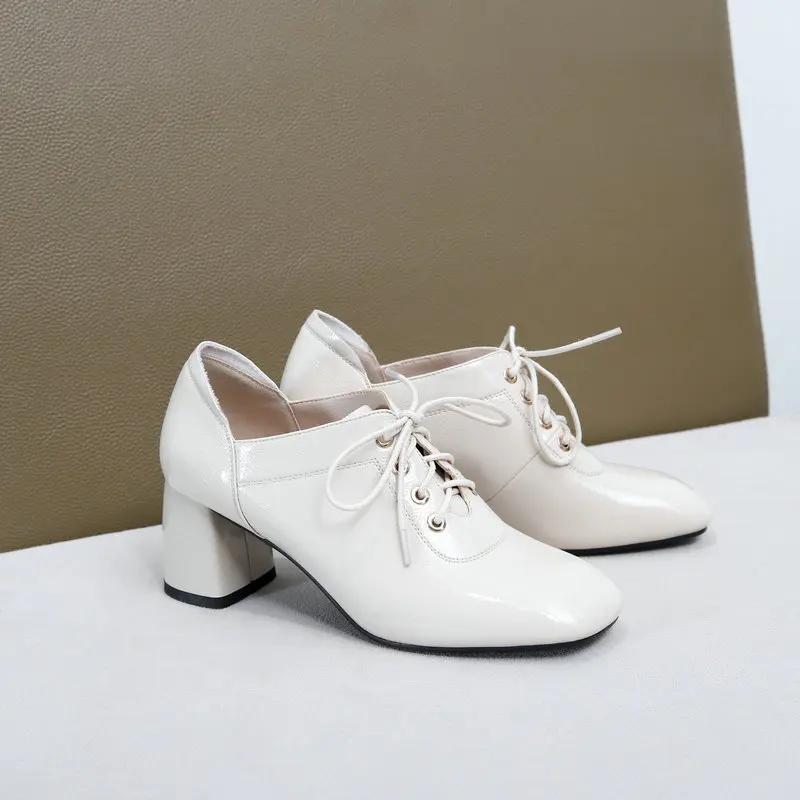 

2021 New Round Toe Elegant Women Pumps Fashion Square High Heel Women Shoes Lace Up Casual Women Shoes Big Size 34-43