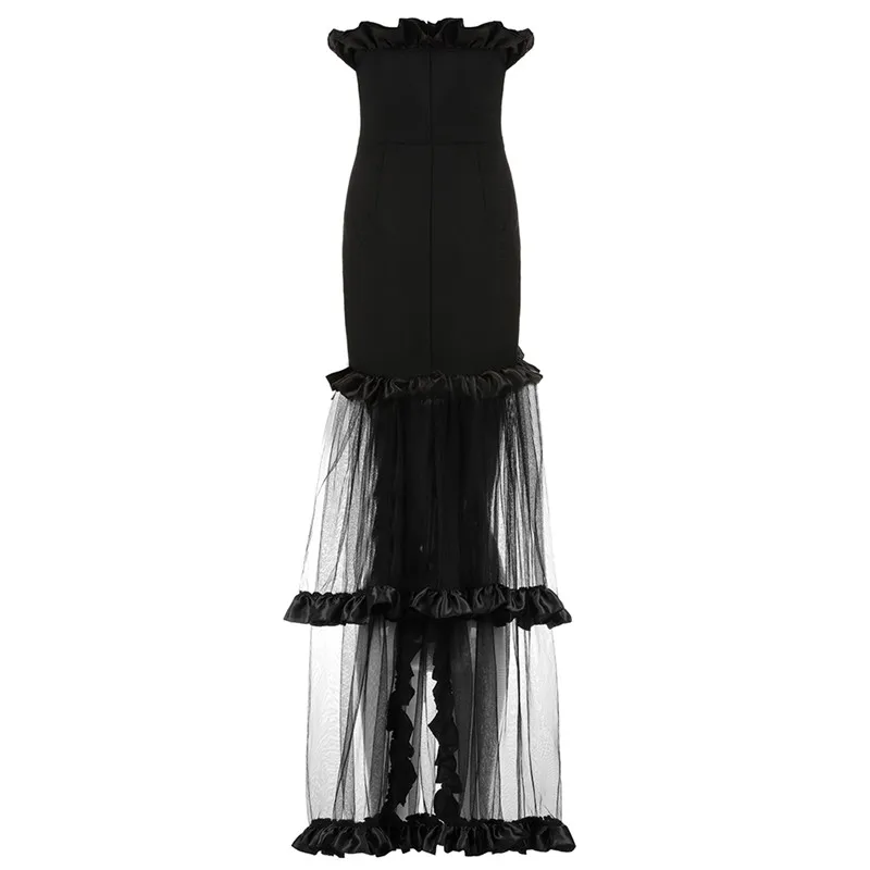 

2021 New Arrival Black Elegant Strapless Maxi Dress Women Sexy Mesh Lace Patchwork Floor Length Celebrity Runway Party Dress