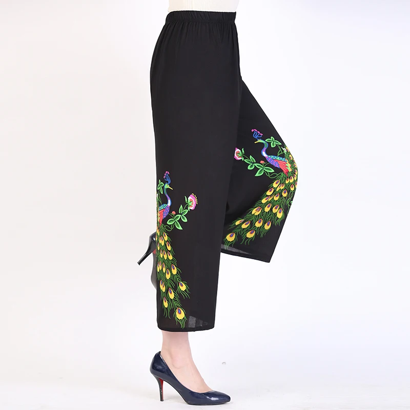 

Oriental Floral Chiffon Cropped Pant Women Summer Wide Leg Loose Fitting Elastic Waist Trouser Female Casual Cozy Bottoms Ethnic