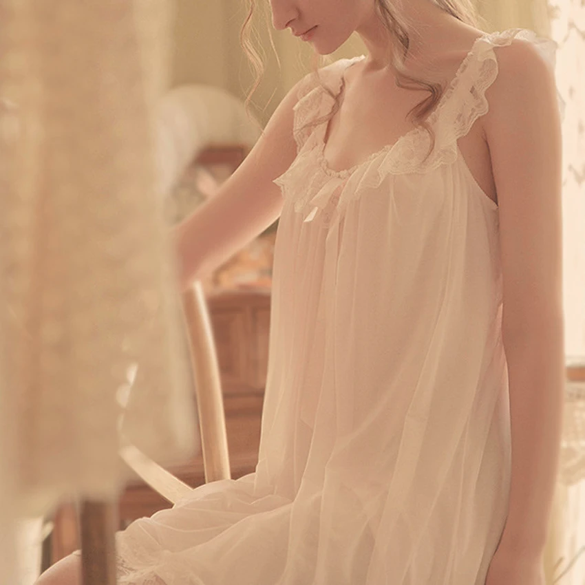 Women Lady Girl Solid Color White Pink Lace Elegant Nightgowns Princess Nightdress Sleepwear Lolita Summer Sleeveless Sexy Dress