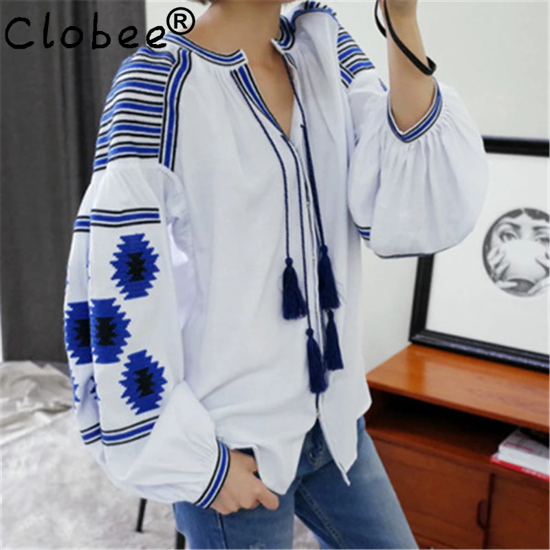 Белые блузки в богемном стиле Топ Лето 2019 узор элегантная Бохо вышитая лампа