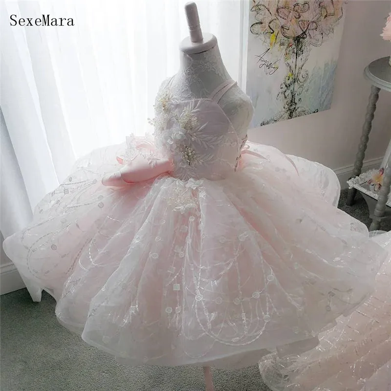 Светло розовое кружевное мягкое фатиновое платье с цветочным узором для девочек