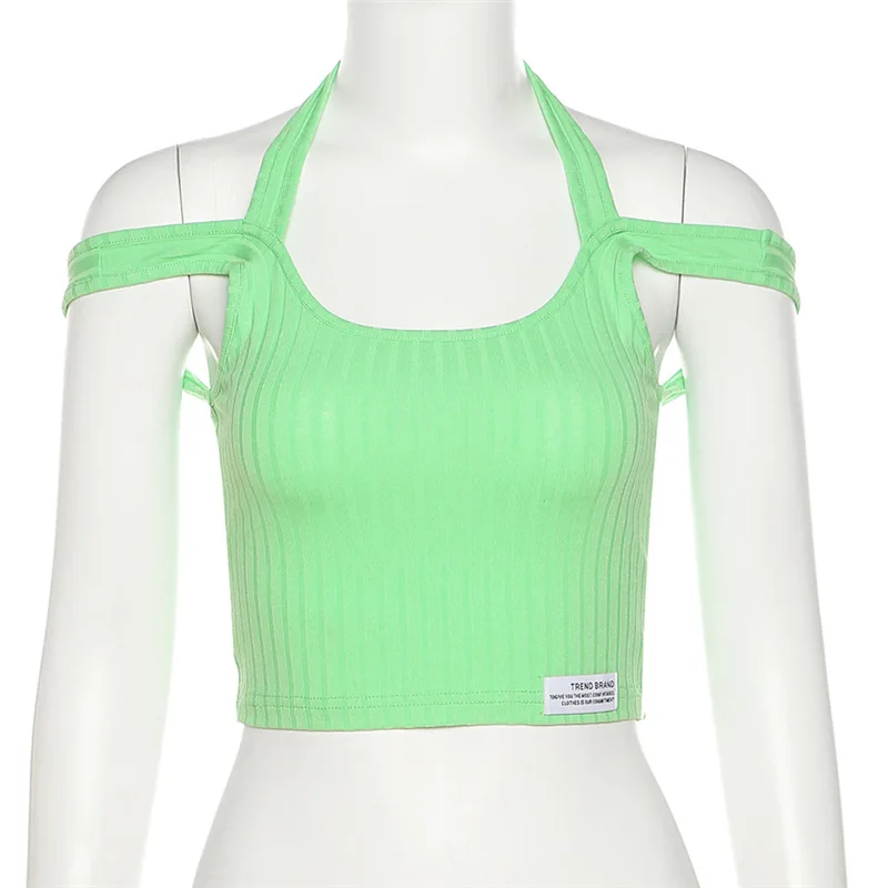 

Y2K Fashion Green Backless Tank Tops Summer Cute Streetwear Open Shoulder Basic Halter Crop Tops Harajuku Vests Women
