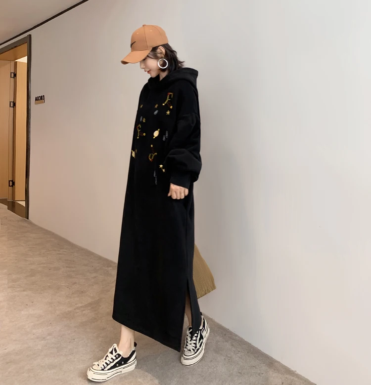 Black Starry Sky Embroidery Hooded Dresses Women Long Sleeve Casual Loose Dress Autumn Winter Warm Side Split Midi Dress