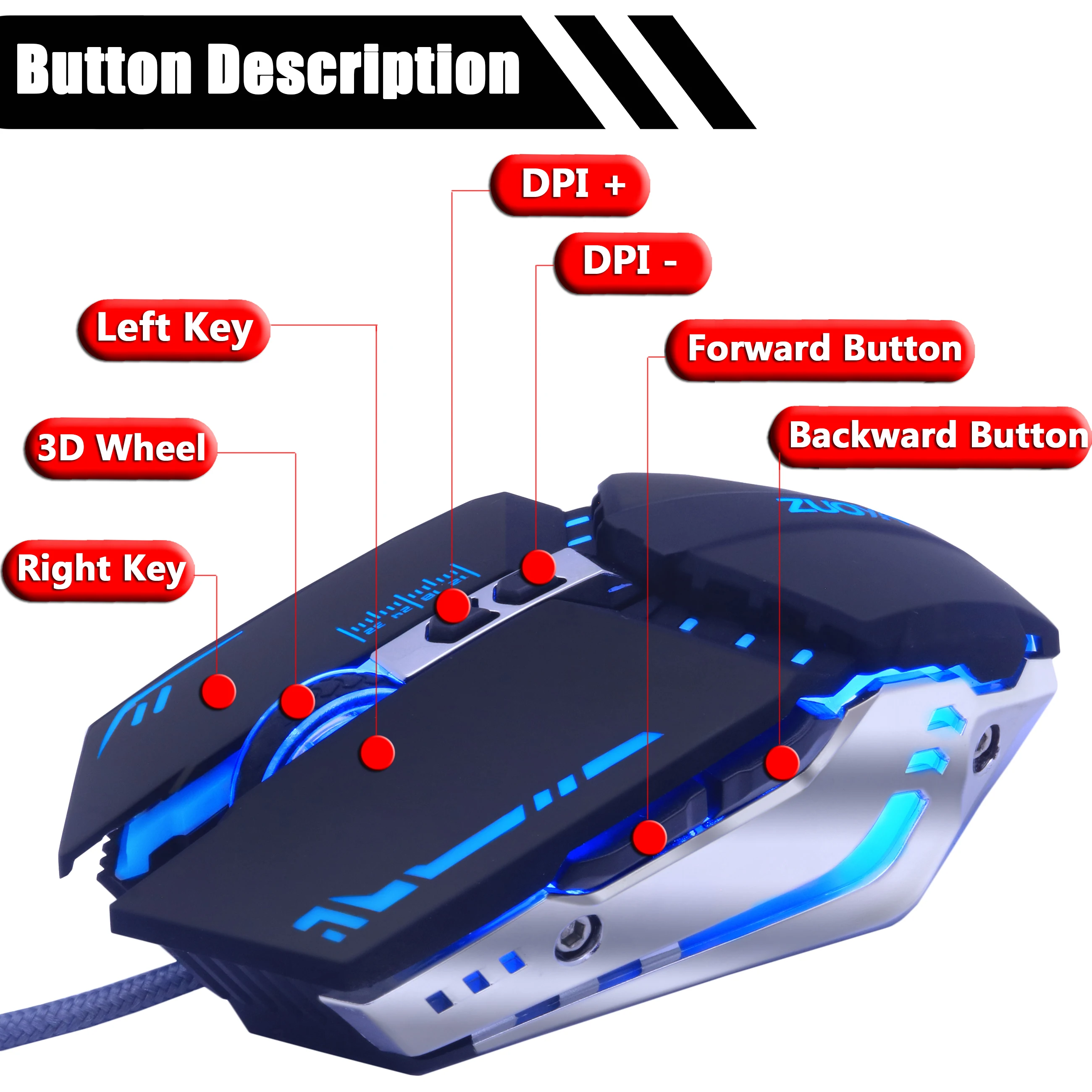 ZUOYA, игровая мышь, dpi, регулируемая проводная мышь, USB, оптический светодиодный, компьютерные мыши для ноутбука, ПК, игры, профессиональный геймер