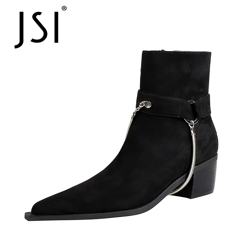 

JSI Women Ankle Boots Dress Sexy Comfort Party Wedding Zipper Boots Thick Heels Metal Chain Flock Fashion Women Shoes VO873