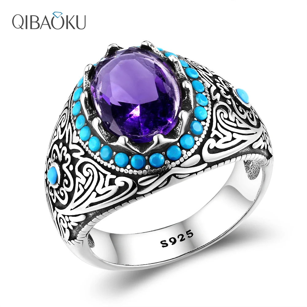 

Silver Ring for Men with Oval Amethyst Zircon Stone Ring Purple Gemstone Jewelry Male Men Women Thai Silver Turkish Jewelry