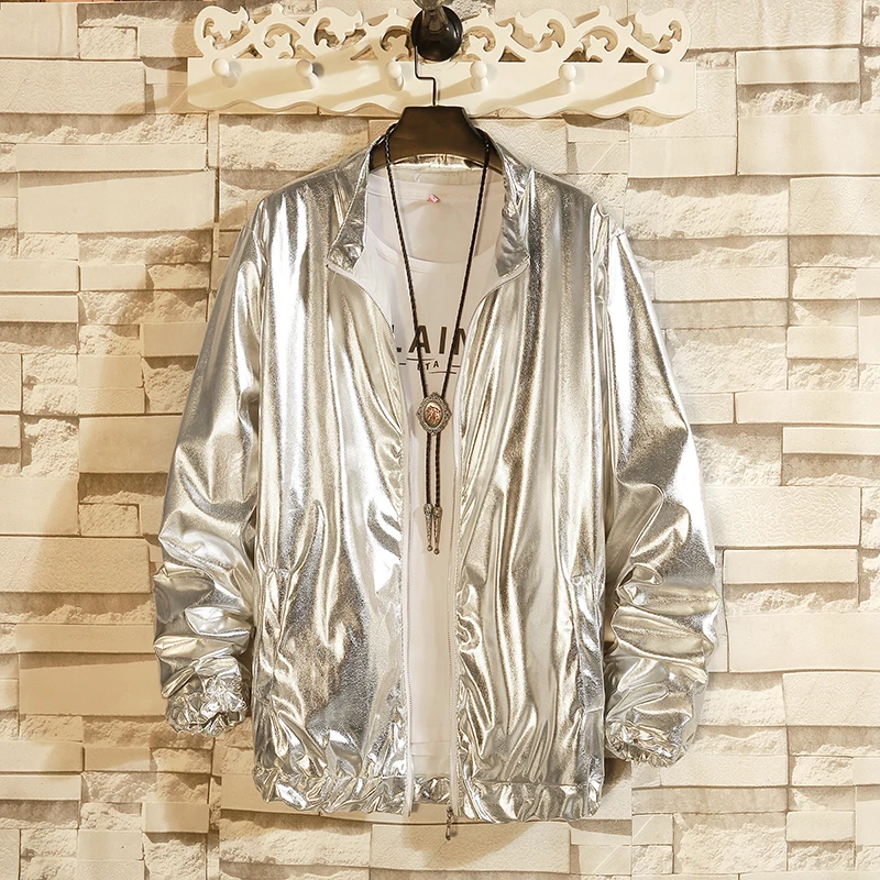 

Mens Windbreaker Jackets Nightclub Stage Singer Costume Streetwear Harajuku Hip Hop Jacket Gold Silver Fashion Autumn Men Solid