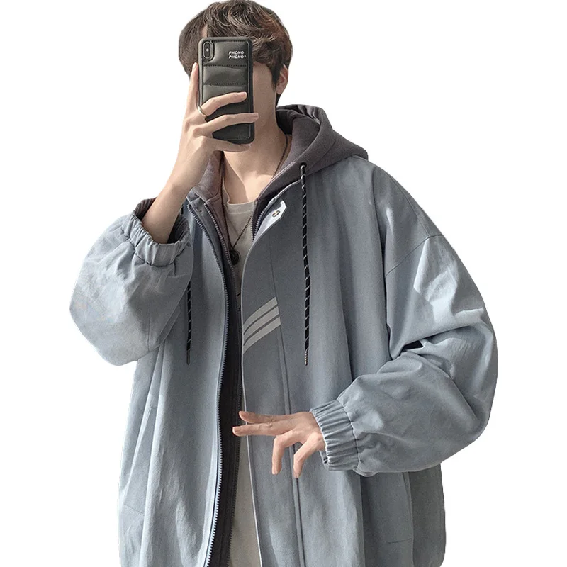 

Spring and Autumn False Two-Piece Jackets Men's Loose Pu Shuai Hip Hop Hooded Coat Fashion Brand Versatile Casual Top